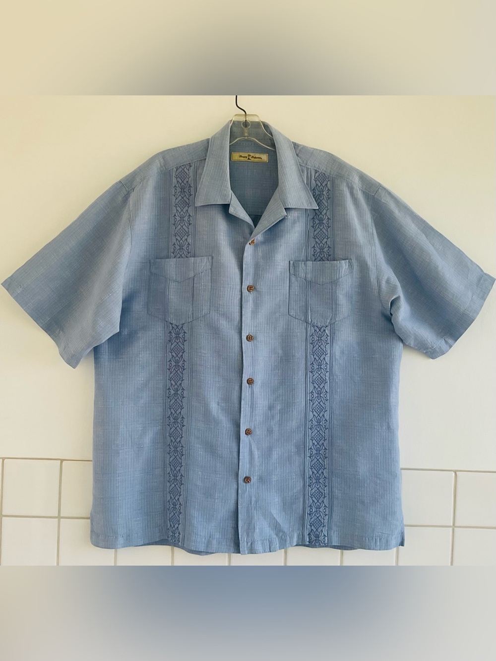 Tommy Bahama Blue Short-Sleeve Guayaberra Embroidered Button-Down Shirt XL